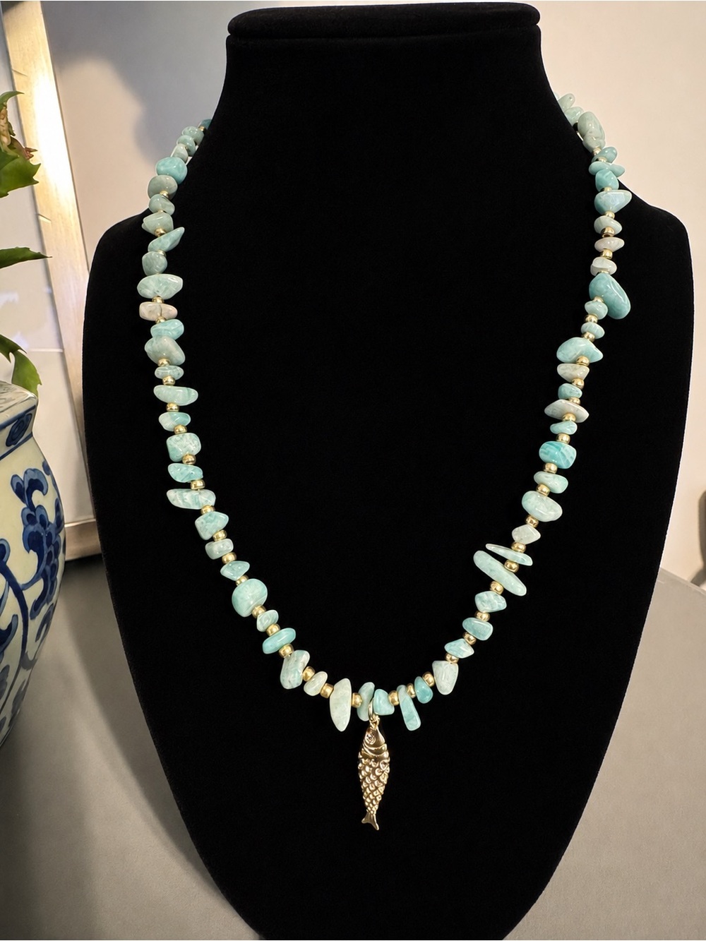Handcrafted Aqua Bead Necklace with Gold Fish Pendant